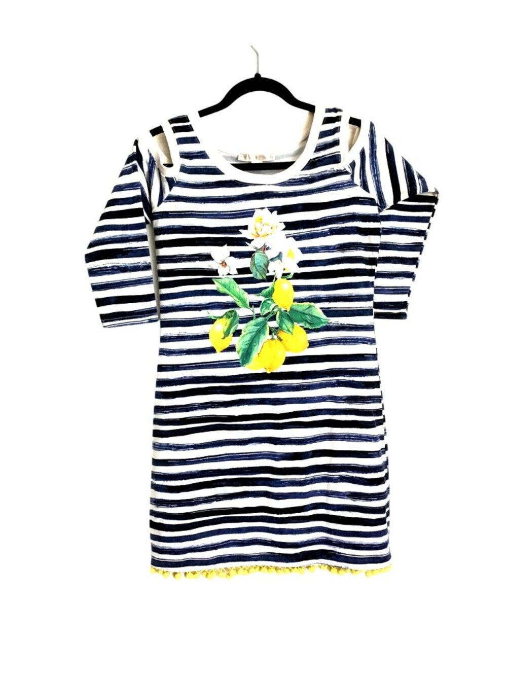 BOSTON PROPER WOMENS NAVY/WHITE/YELLOW GRAPHIC OPEN SHOULDER DRESS SIZE SMALL